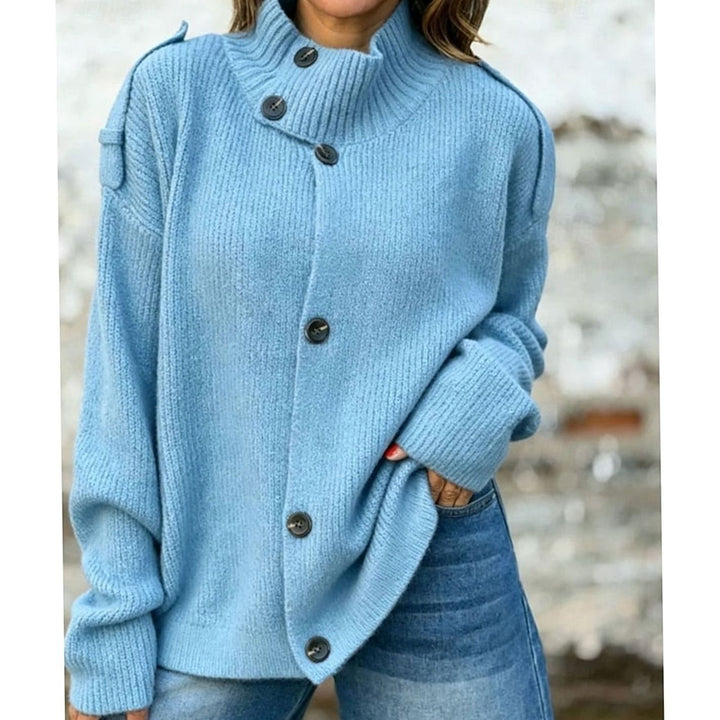 Women's Relaxed-Fit Button-Front Stand-Collar Knit Cardigan - Blue