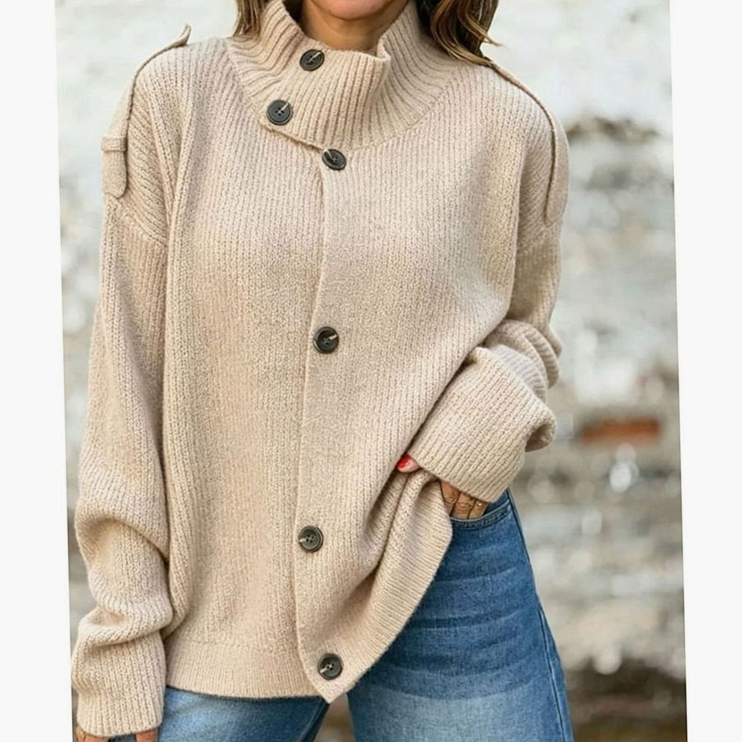 Women's Relaxed-Fit Button-Front Stand-Collar Knit Cardigan - Apricot