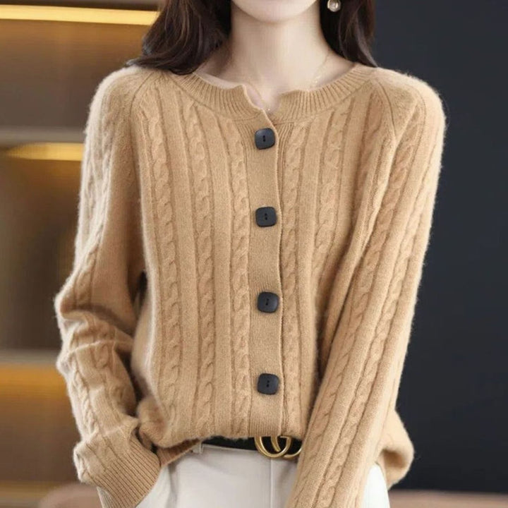 Women's Relaxed-Fit Cable-Knit Button-Up Winter Cardigan - Camel