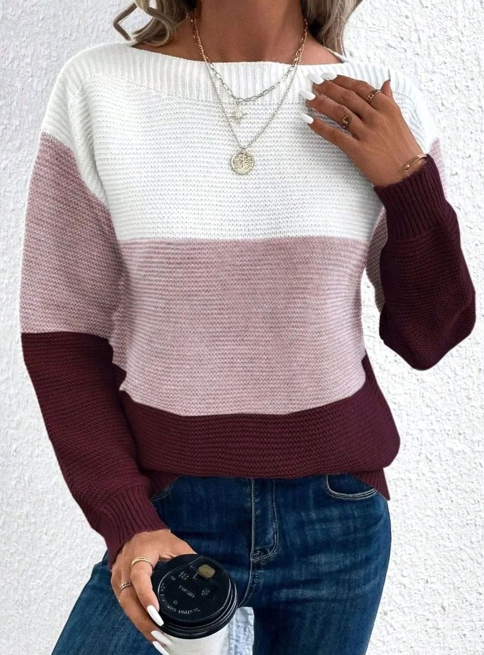 Women's Relaxed-Fit Color-Block Knit Pullover Sweater - Lotus Red