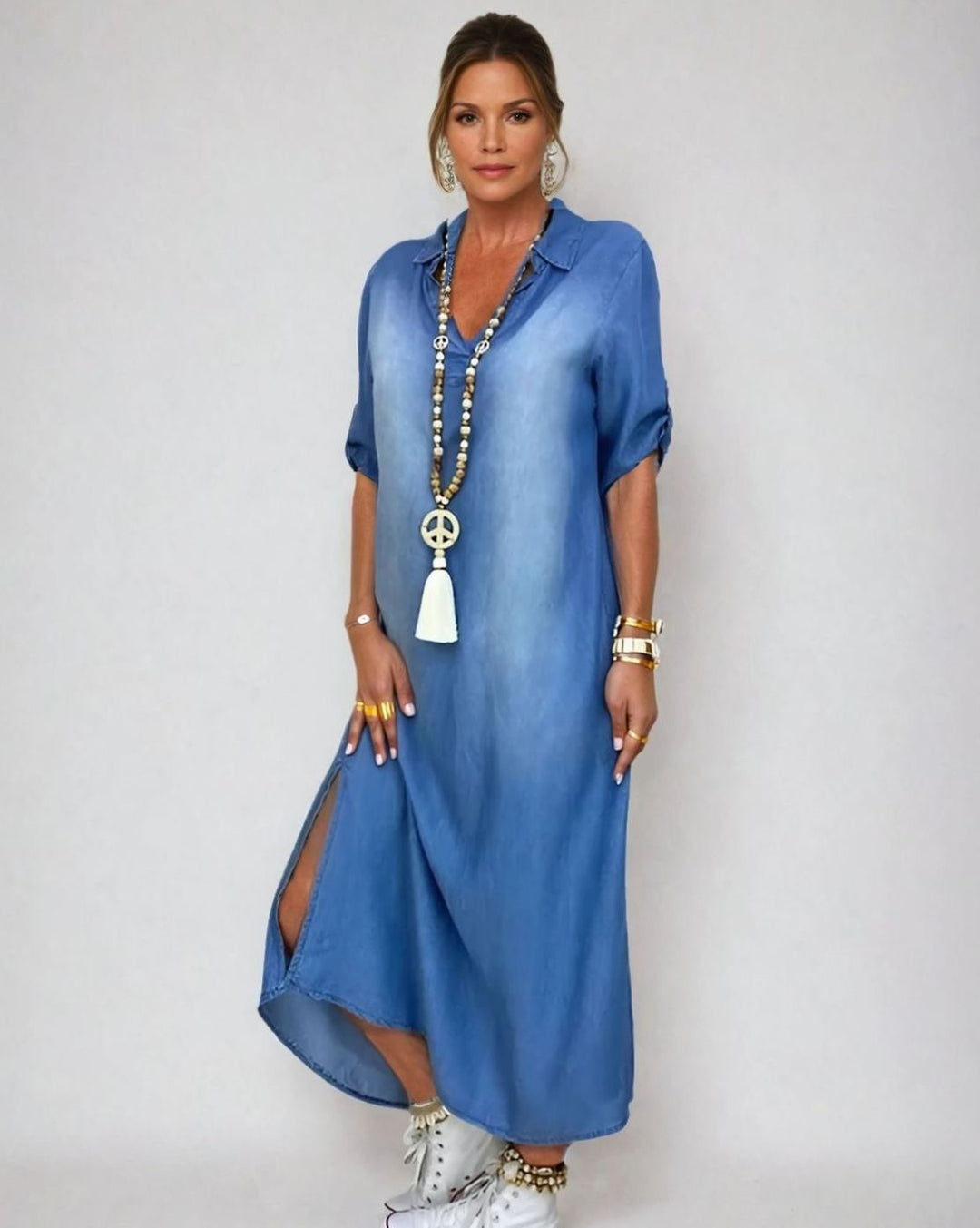 Women's Relaxed-Fit Denim-Wash Maxi Shirt Dress Side Slit