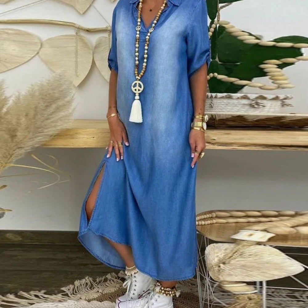 Women's Relaxed-Fit Denim-Wash Maxi Shirt Dress Side Slit - Blue