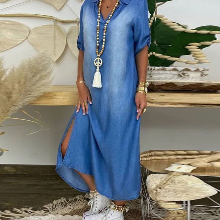 Women's Relaxed-Fit Denim-Wash Maxi Shirt Dress Side Slit - Blue