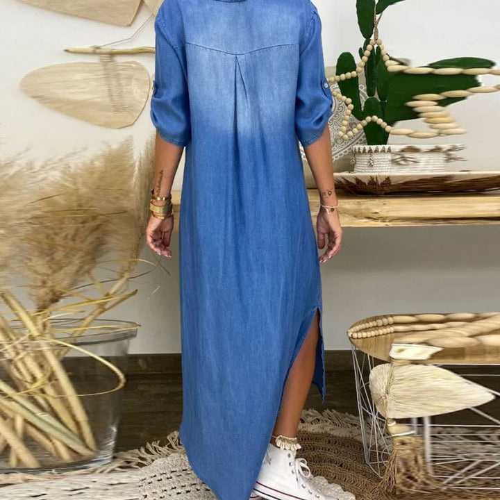 Women's Relaxed-Fit Denim-Wash Maxi Shirt Dress Side Slit