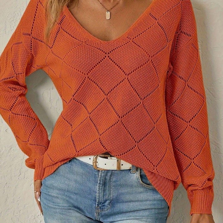Women's Relaxed-Fit Diamond Openwork V-Neck Sweater - Orange-Red