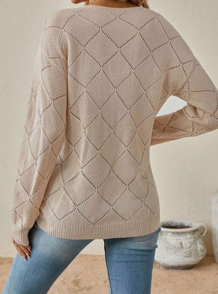 Women's Relaxed-Fit Diamond Openwork V-Neck Sweater