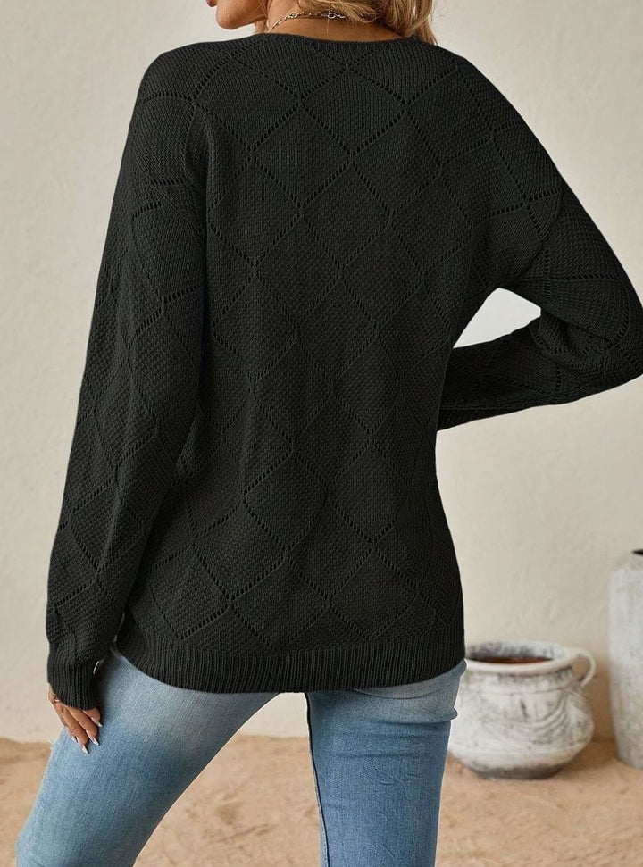 Women's Relaxed-Fit Diamond Openwork V-Neck Sweater