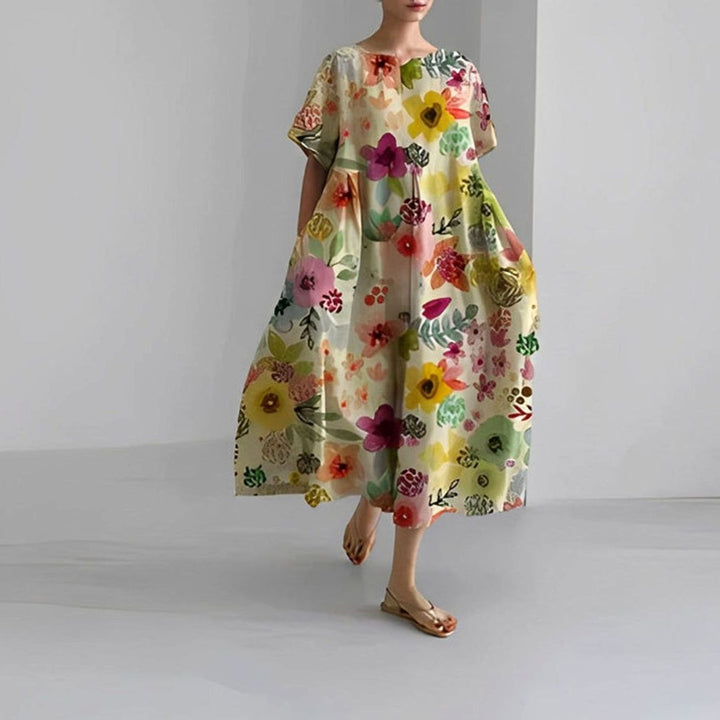 Women's Relaxed-Fit Floral Print Short-Sleeve Midi Dress - Mixed Flower Colors