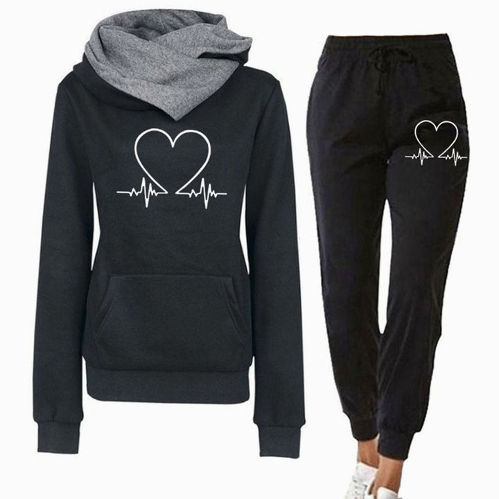 Women's Relaxed-Fit Heart-Print Hoodie Jogger Two-Piece Tracksuit - Black