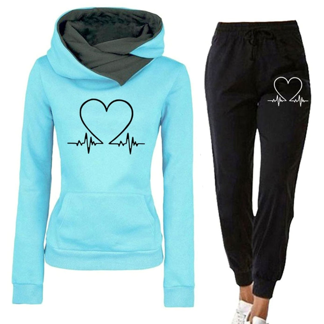 Women's Relaxed-Fit Heart-Print Hoodie Jogger Two-Piece Tracksuit - Blue