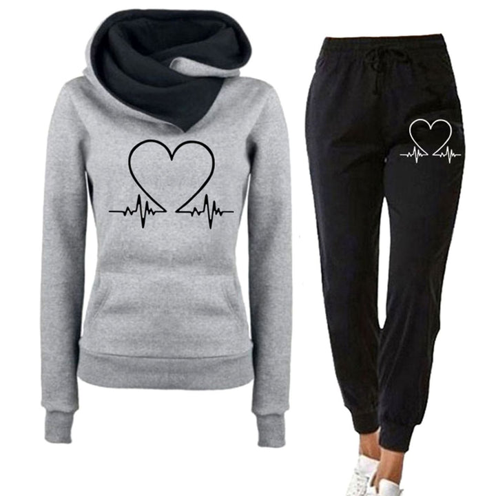 Women's Relaxed-Fit Heart-Print Hoodie Jogger Two-Piece Tracksuit - Grey