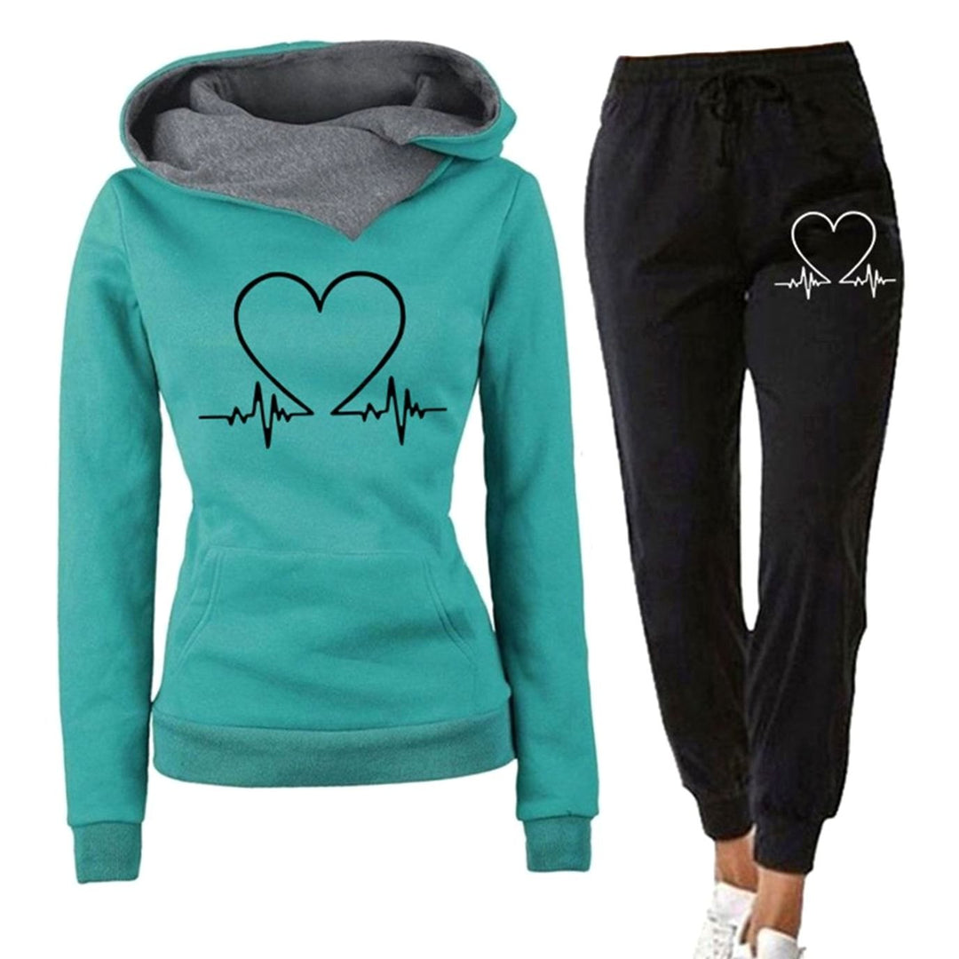 Women's Relaxed-Fit Heart-Print Hoodie Jogger Two-Piece Tracksuit - Green