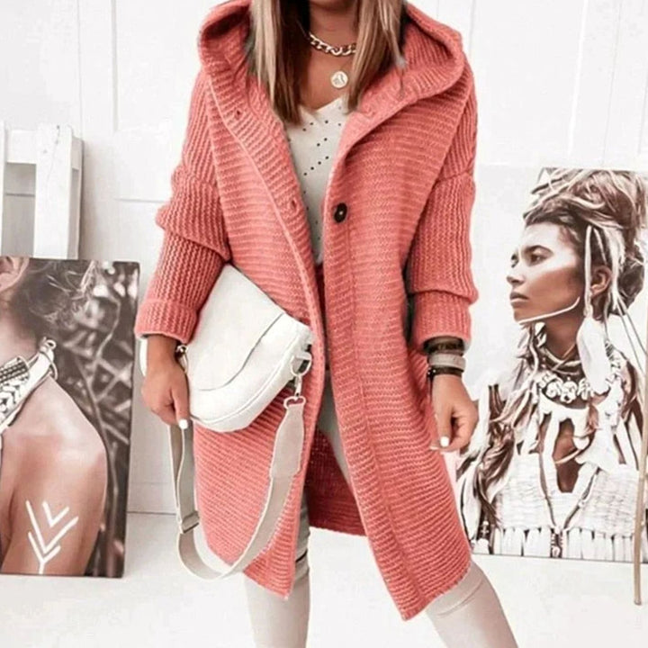 Women's Relaxed-Fit Hooded Button-Front Knit Cardigan Jacket - Red