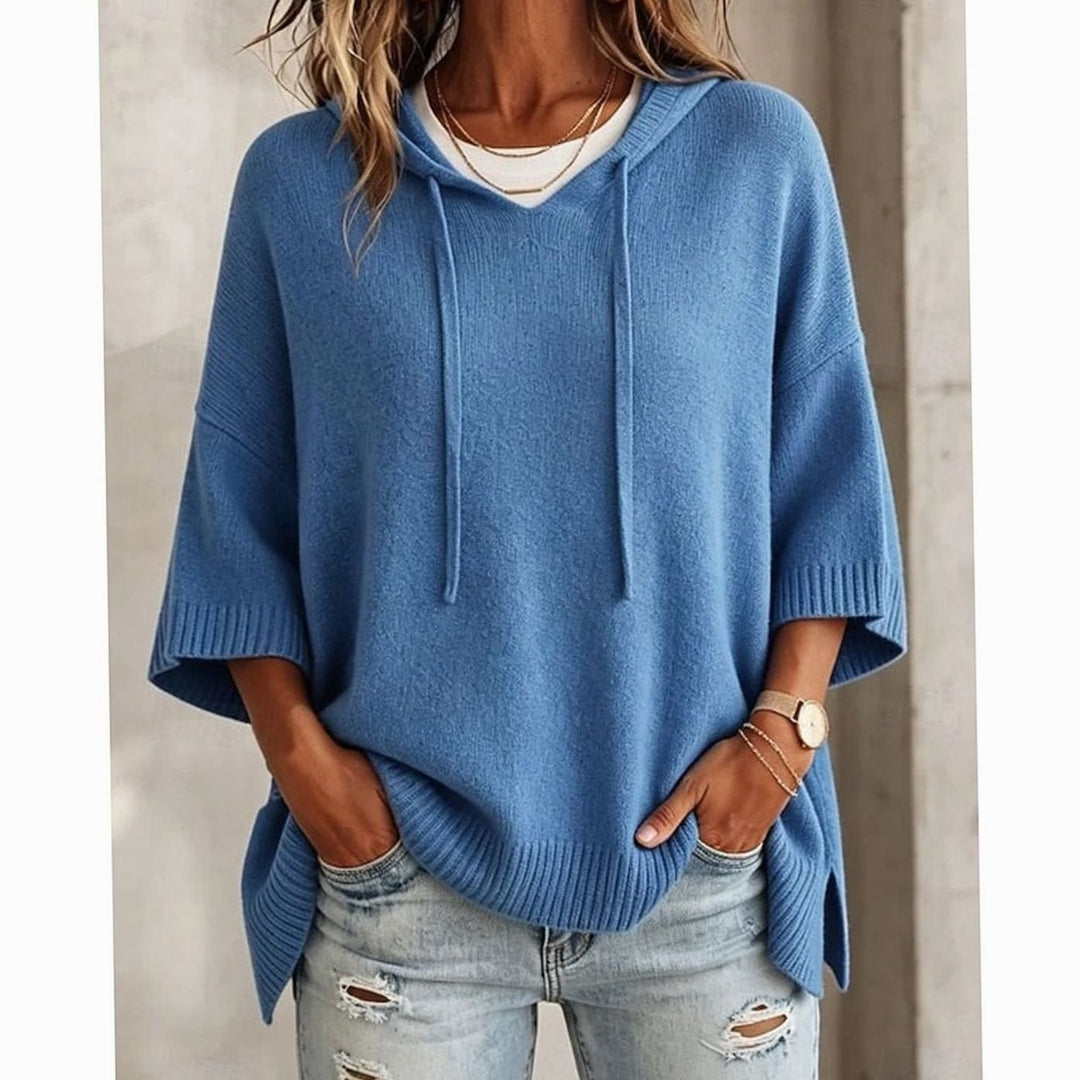 Women's Relaxed-Fit Hooded Knit Drawstring Sweater - Blue