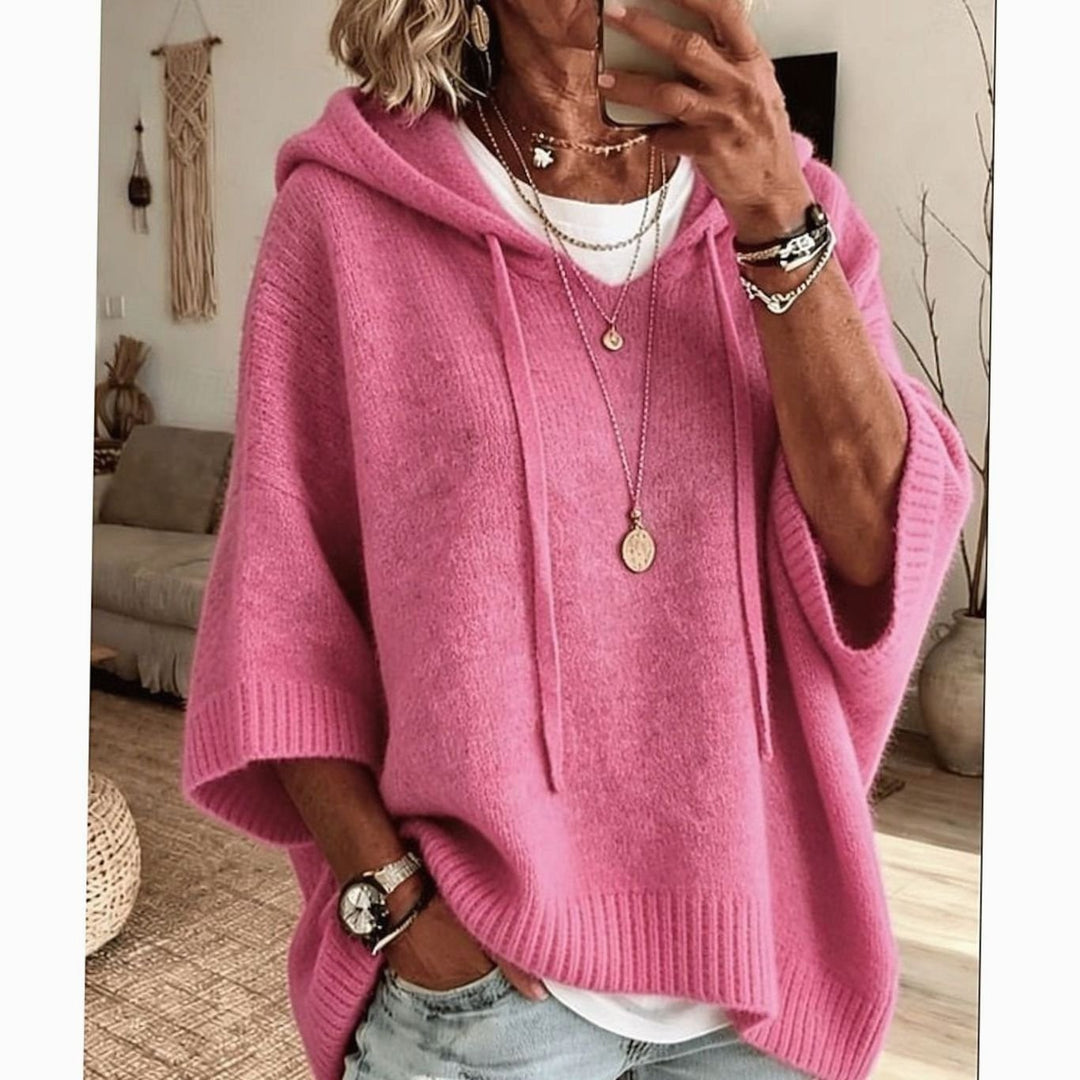 Women's Relaxed-Fit Hooded Knit Drawstring Sweater - Pink