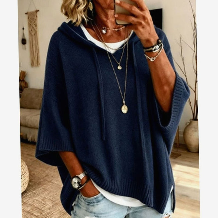 Women's Relaxed-Fit Hooded Knit Drawstring Sweater - Navy Blue