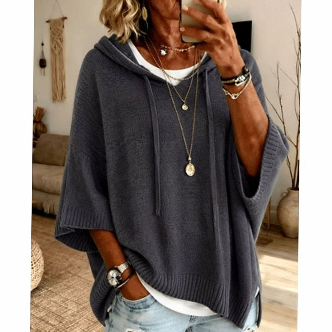 Women's Relaxed-Fit Hooded Knit Drawstring Sweater - Dark Gray