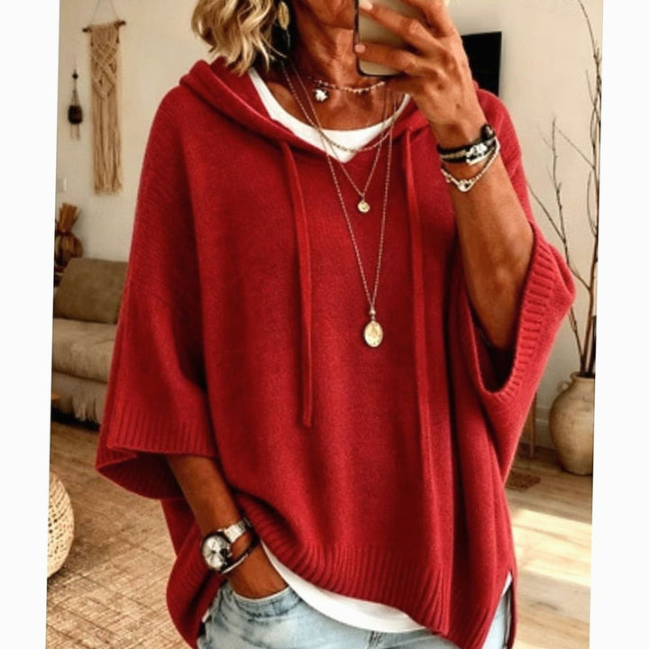 Women's Relaxed-Fit Hooded Knit Drawstring Sweater - Red