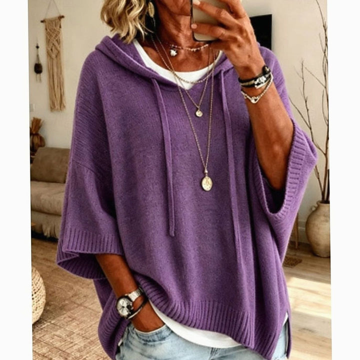 Women's Relaxed-Fit Hooded Knit Drawstring Sweater - Purple