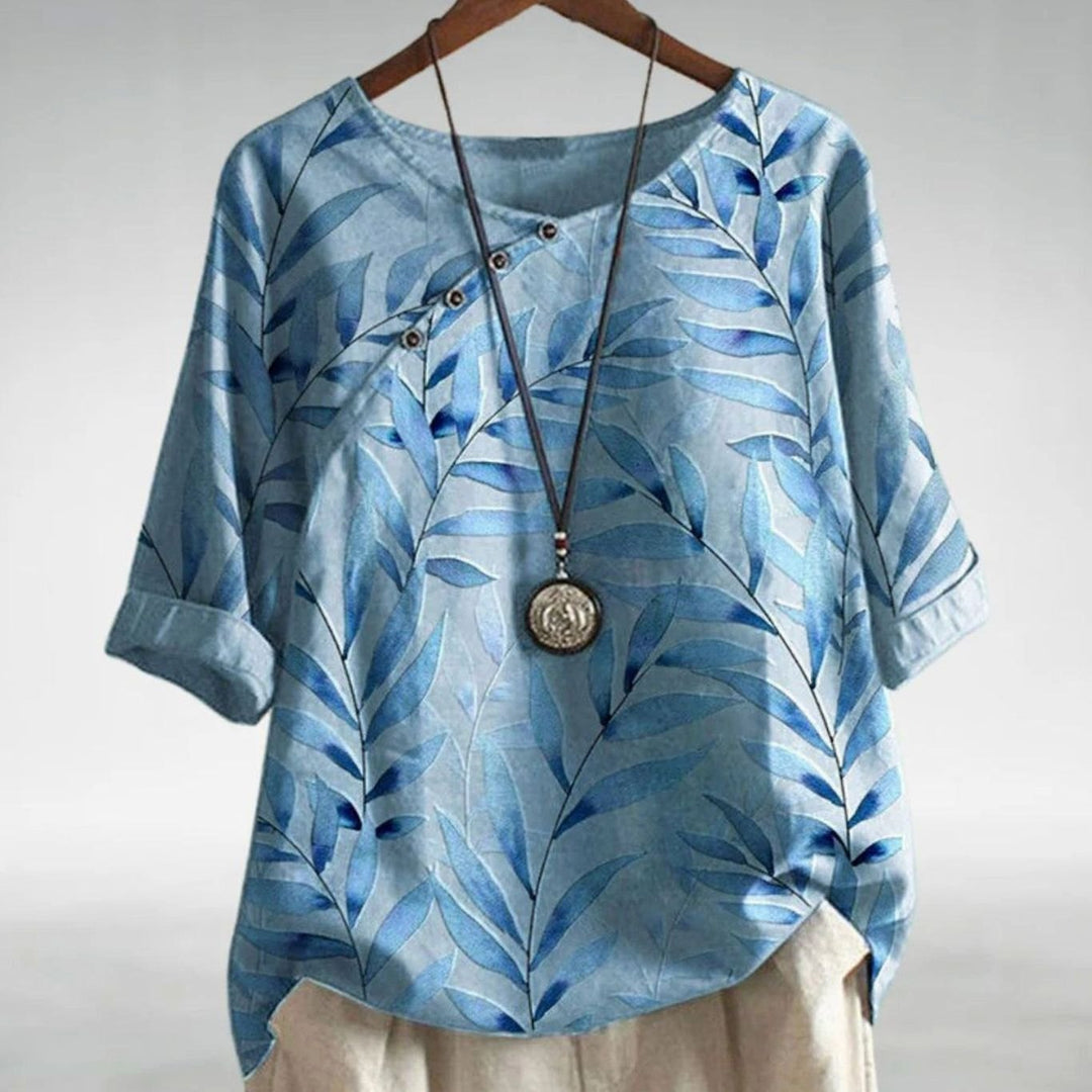 Women's Relaxed-Fit Leaf Print Half-Sleeve Button Blouse - Blue