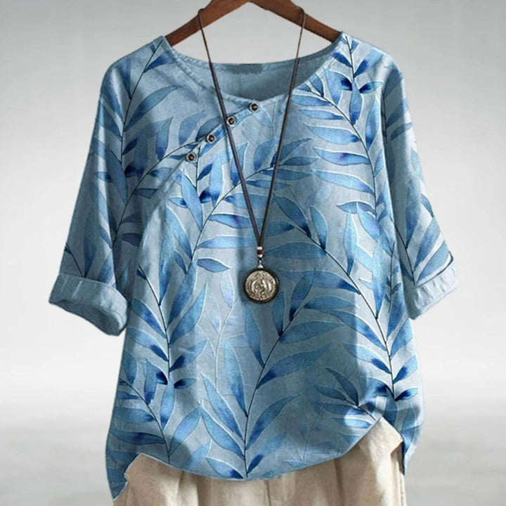 Women's Relaxed-Fit Leaf Print Half-Sleeve Button Blouse - Blue