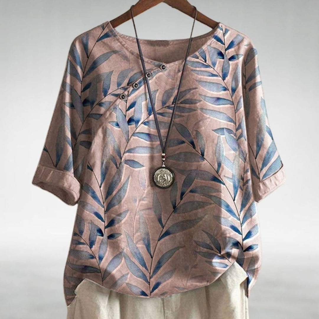 Women's Relaxed-Fit Leaf Print Half-Sleeve Button Blouse - Pink