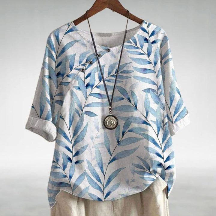 Women's Relaxed-Fit Leaf Print Half-Sleeve Button Blouse - White