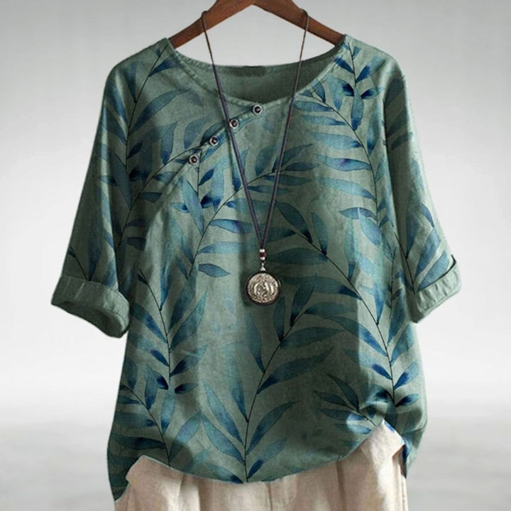 Women's Relaxed-Fit Leaf Print Half-Sleeve Button Blouse - Green