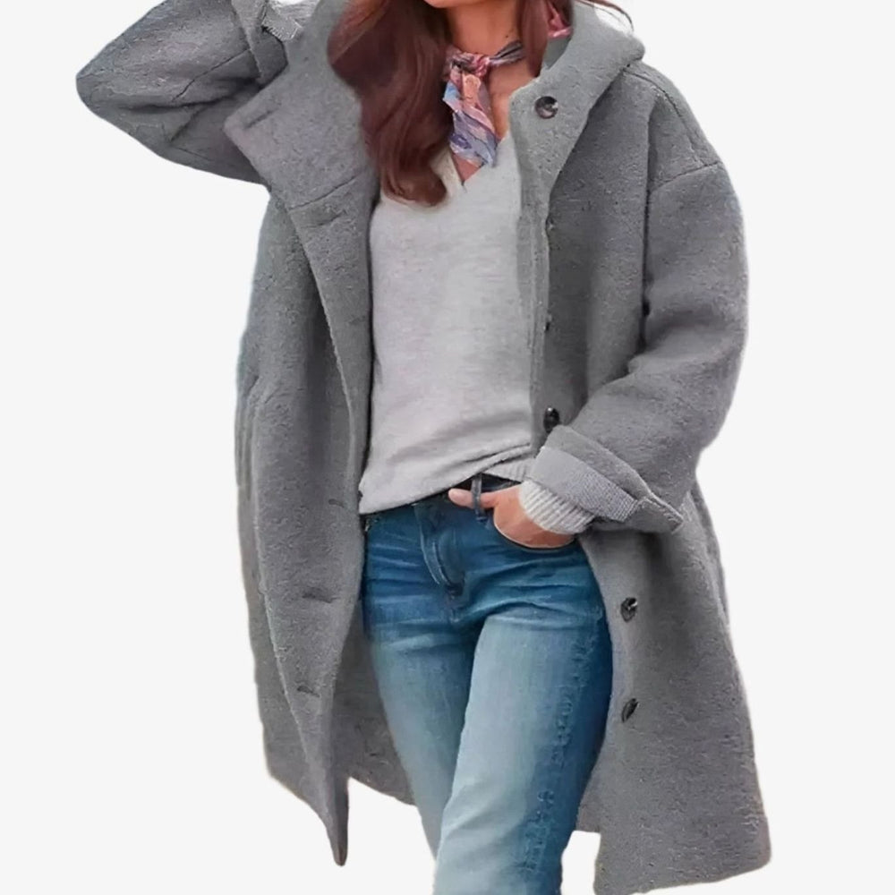 Women's Relaxed-Fit Long Button-Front Fleece Winter Coat - Gray