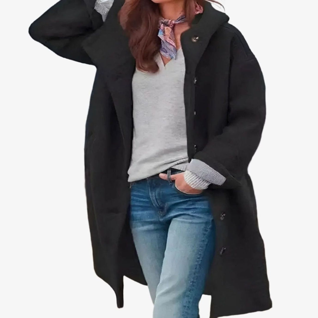 Women's Relaxed-Fit Long Button-Front Fleece Winter Coat - Black