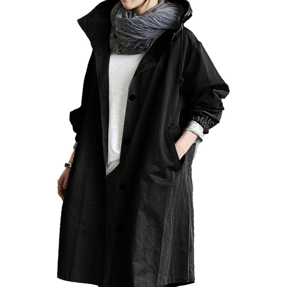 Women's Relaxed-Fit Long Hooded Coat Button-Front Trench - Black