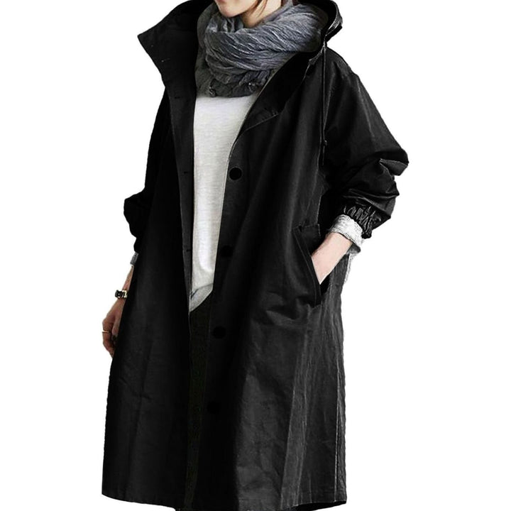 Women's Relaxed-Fit Long Hooded Coat Button-Front Trench - Black