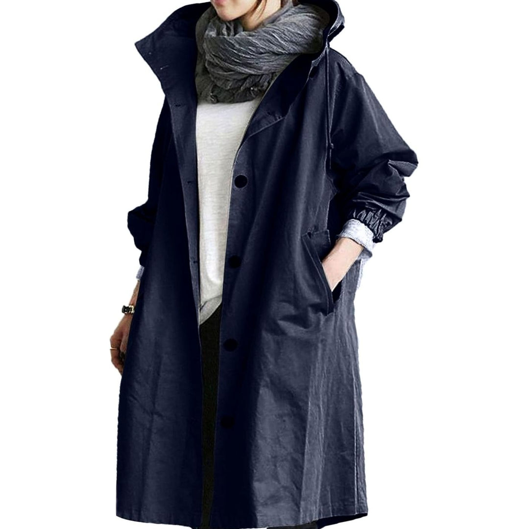 Women's Relaxed-Fit Long Hooded Coat Button-Front Trench - Dark Blue
