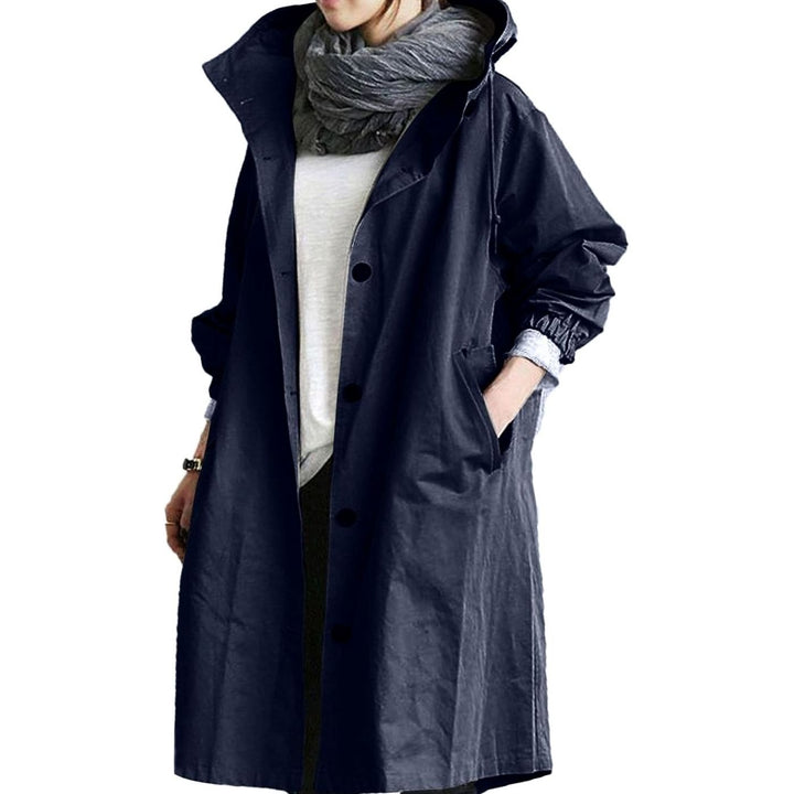 Women's Relaxed-Fit Long Hooded Coat Button-Front Trench - Dark Blue