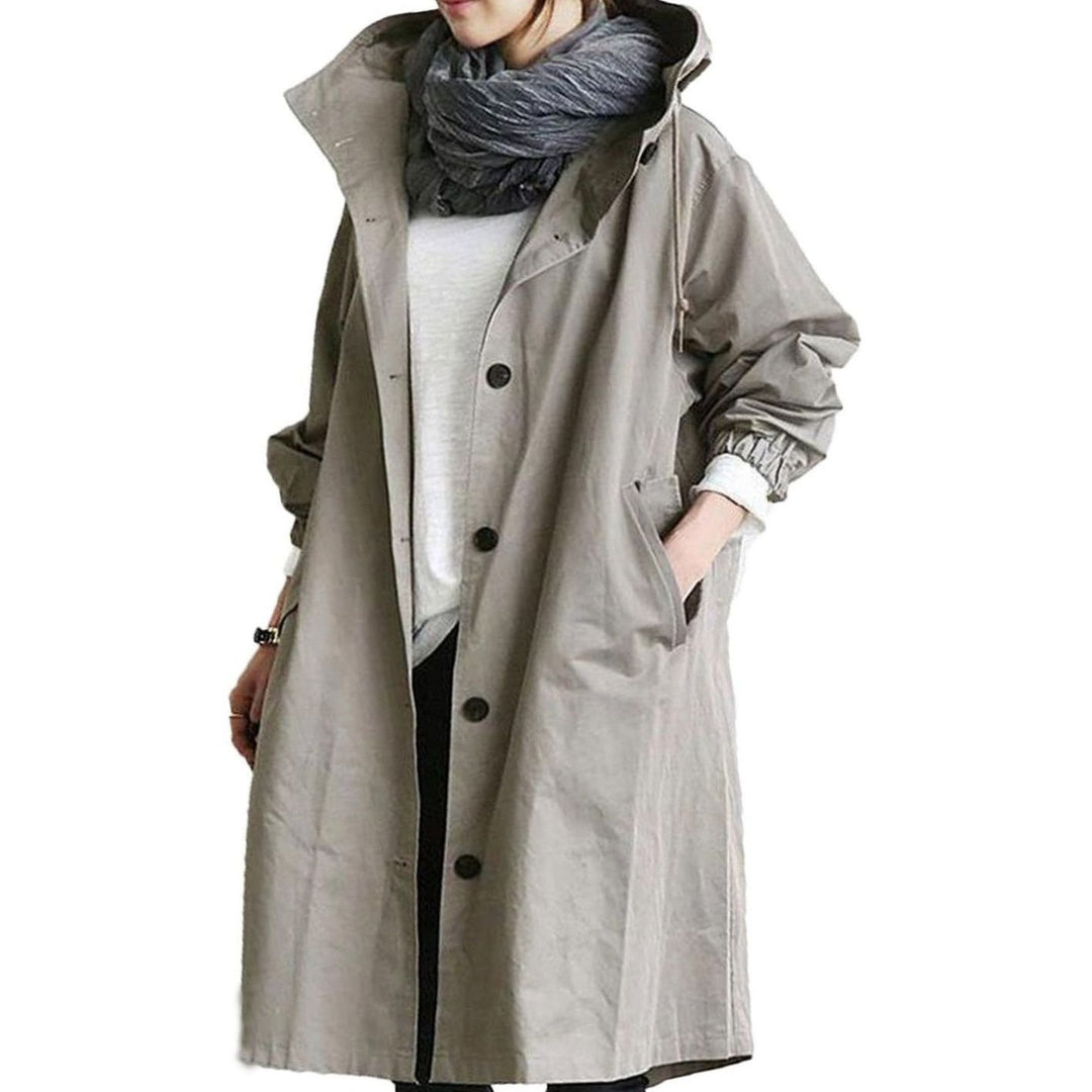 Women's Relaxed-Fit Long Hooded Coat Button-Front Trench - Grey