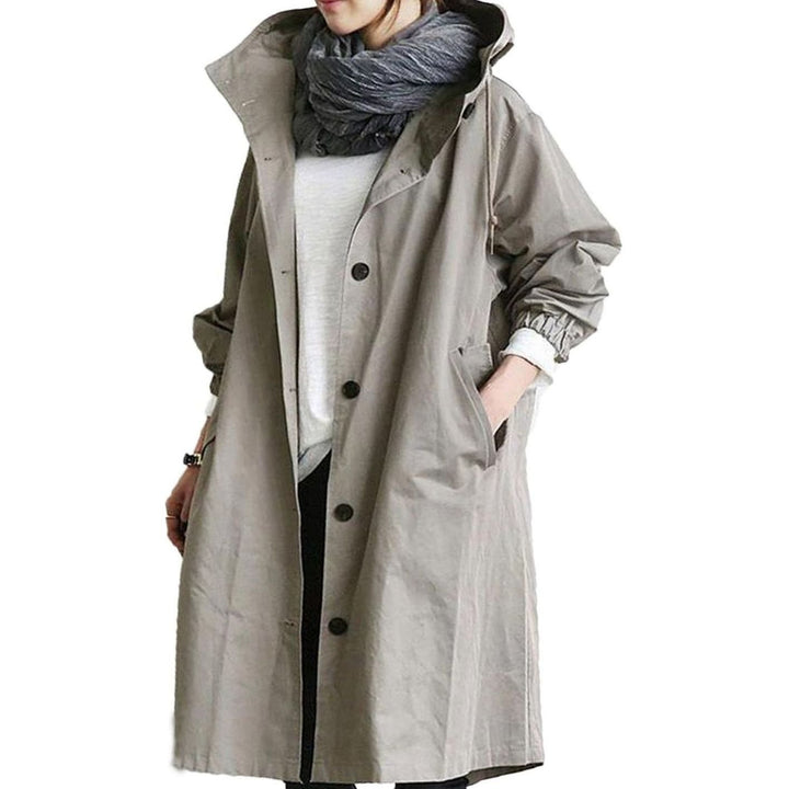 Women's Relaxed-Fit Long Hooded Coat Button-Front Trench - Grey