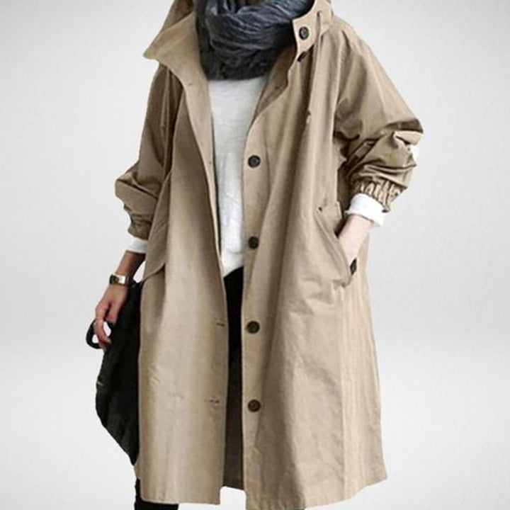 Women's Relaxed-Fit Long Hooded Coat Button-Front Trench - Khaki