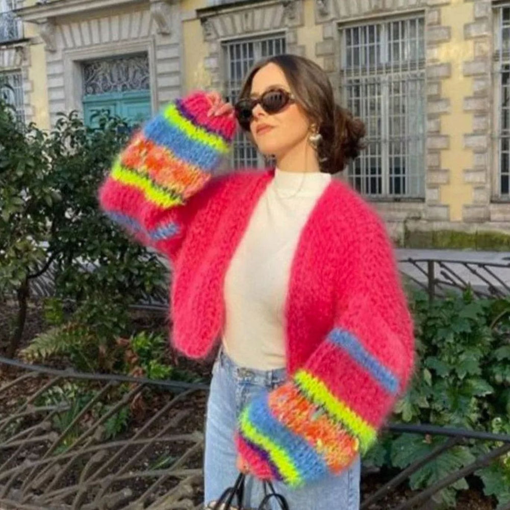 Women's Relaxed-Fit Multicolor Striped Knitted Cardigan Sweater - Red
