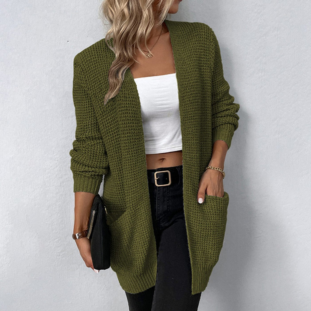 Women's Relaxed-Fit Open-Front Waffle-Knit Winter Cardigan Pockets - Army Green