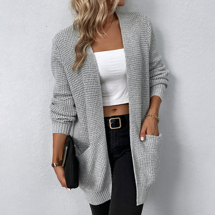 Women's Relaxed-Fit Open-Front Waffle-Knit Winter Cardigan Pockets - Grey