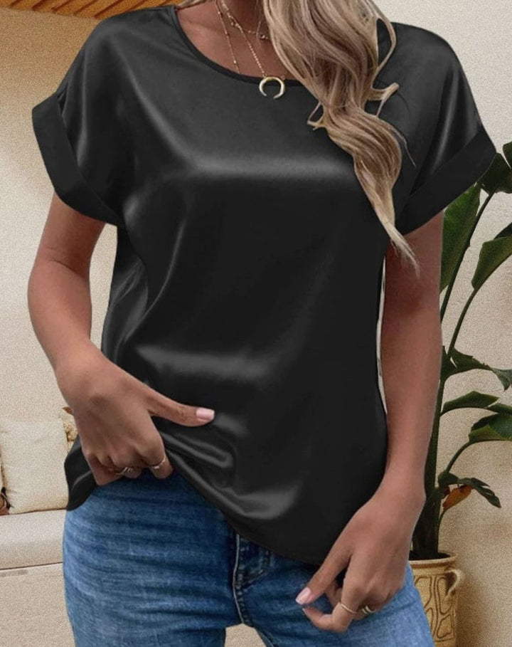 Women's Relaxed-Fit Short-Sleeve Satin Blouses Crew Neck Top