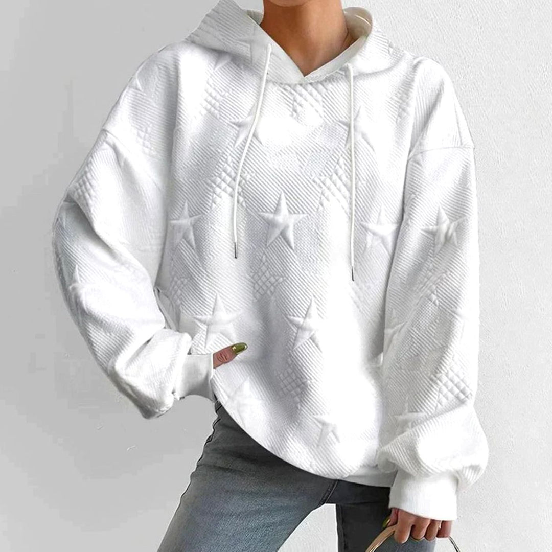 Women's Relaxed-Fit Star-Embossed Drawstring Hoodie Sweatshirt - White