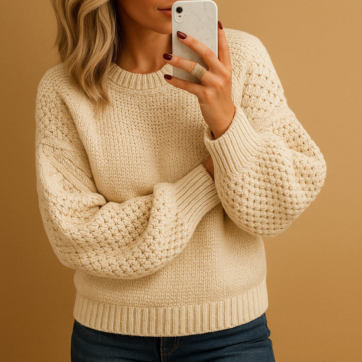 Women's Relaxed-Fit Textured Knit Sweater Crewneck Pullover - Beige