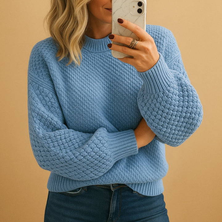 Women's Relaxed-Fit Textured Knit Sweater Crewneck Pullover - Light Blue