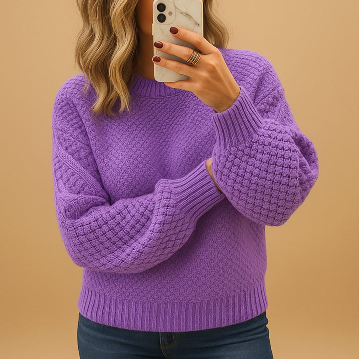Women's Relaxed-Fit Textured Knit Sweater Crewneck Pullover - Purple
