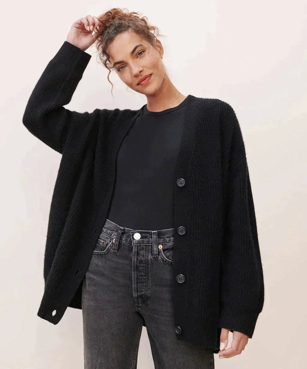 Women's Relaxed-Fit V-Neck Button-Up Cashmere Cardigan - Black