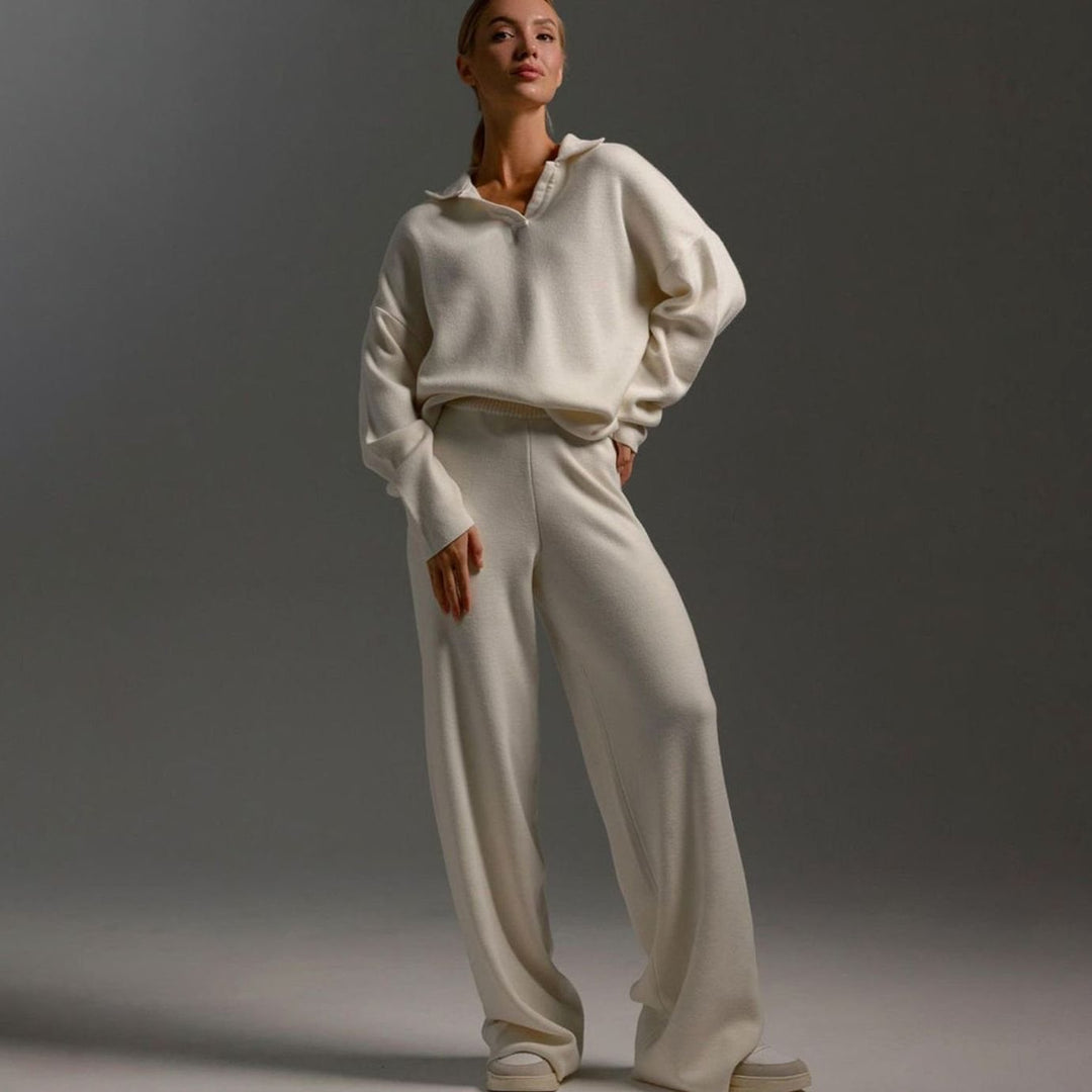 Women's Relaxed-Fit Wide-Leg Quarter-Zip Lounge Set - Beige