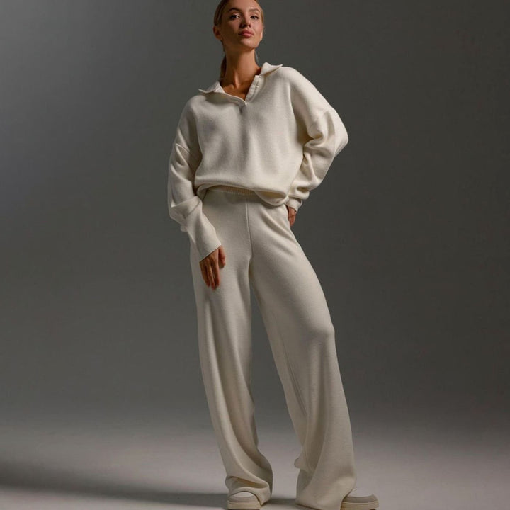 Women's Relaxed-Fit Wide-Leg Quarter-Zip Lounge Set - Beige