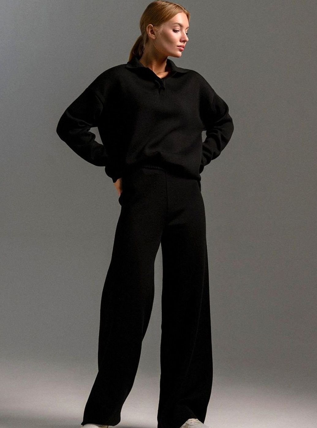 Women's Relaxed-Fit Wide-Leg Quarter-Zip Lounge Set - Black