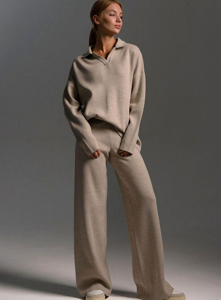 Women's Relaxed-Fit Wide-Leg Quarter-Zip Lounge Set - Khaki